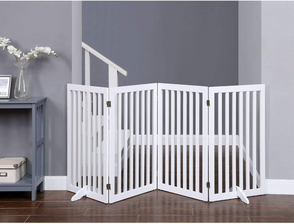 READY STOCK unipaws Freestanding Wooden Dog Gate Foldable Pet Gate with 2PCS Support Feet Dog Barrier Indoor Pet Gate Panels for Stairs White