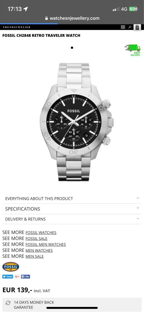 Fossil Retro Traveler CH2848 Mens Stainless Steel Analog Dial Quartz