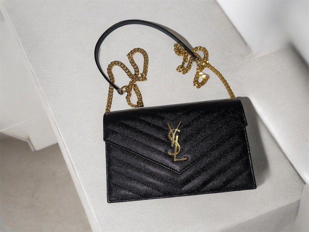 Ysl envelope chain wallet in grain de poudre embossed leather 2025