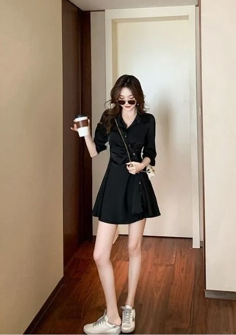 Black Satin Asymmetrical Button Down Shirt Dress Long sleeve A-Line Dress,  Women's Fashion, Dresses & Sets, Dresses on Carousell