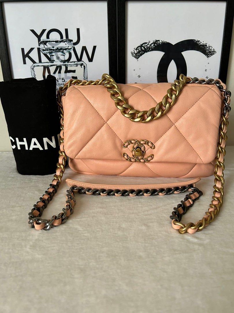 Chanel C19 Small 22C Bag (Category: Luxury Bags & Wallets) located in Manila. Submitted by bagislifeshop (Listing ID 1314206243, Image 1). Description: ☑️Available in Pampanga ✅Series: Microchipped 2022 ✅Condition: 8.8/10 ✅Colour: Peachy pink in GHW, SHW and RHW ✅Size: 16 × 26 × 9 cm ✅Material: Lambskin ✅Inclusions: Dustbag and receipt .