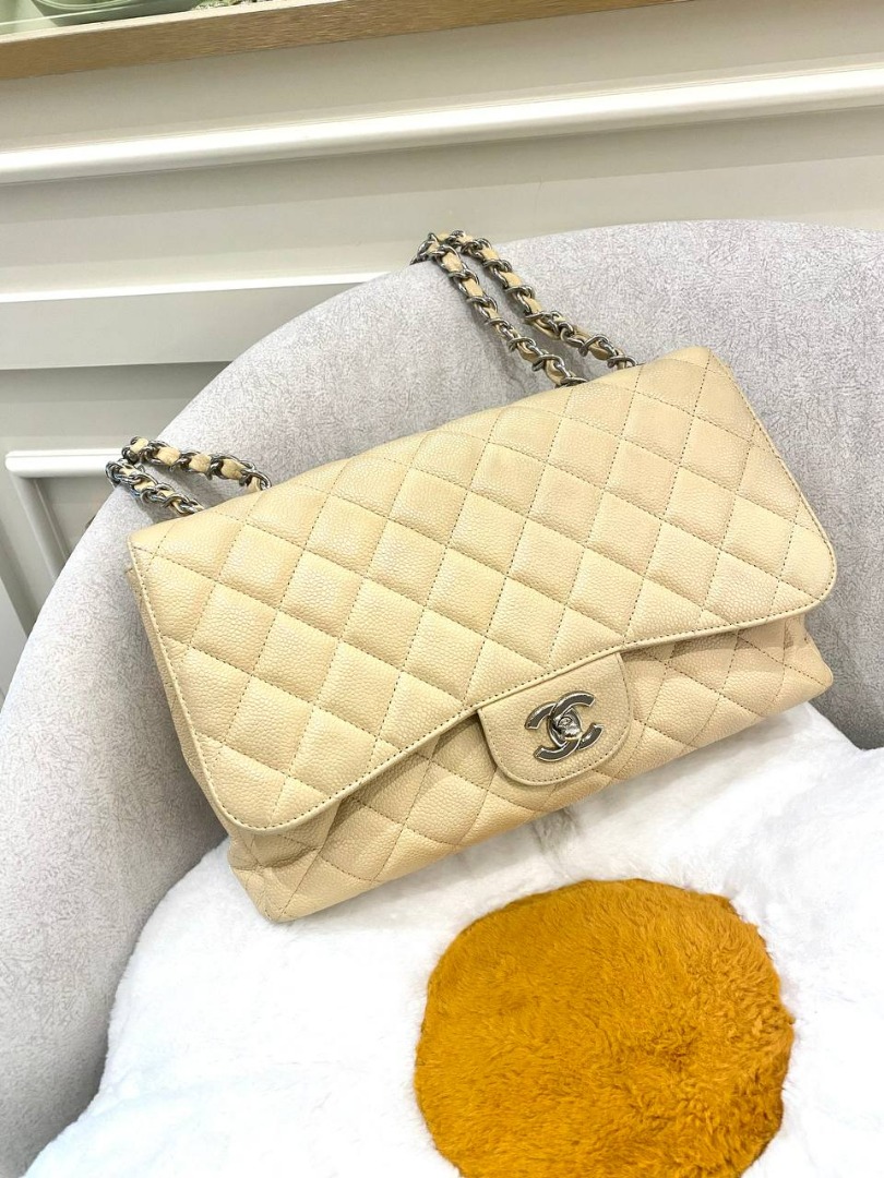 CHANEL JUMBO CLASSIC SINGLE FLAP BEIGE CAVIAR LEATHER SILVER HARDWARE CHAIN BAG Women s Fashion Bags Wallets Shoulder Bags on Carousell