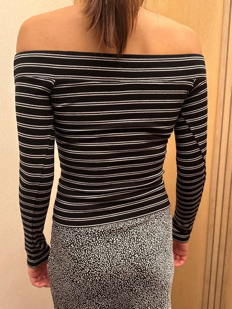 Hollister Black and White Striped Off Shoulder Top Carousell