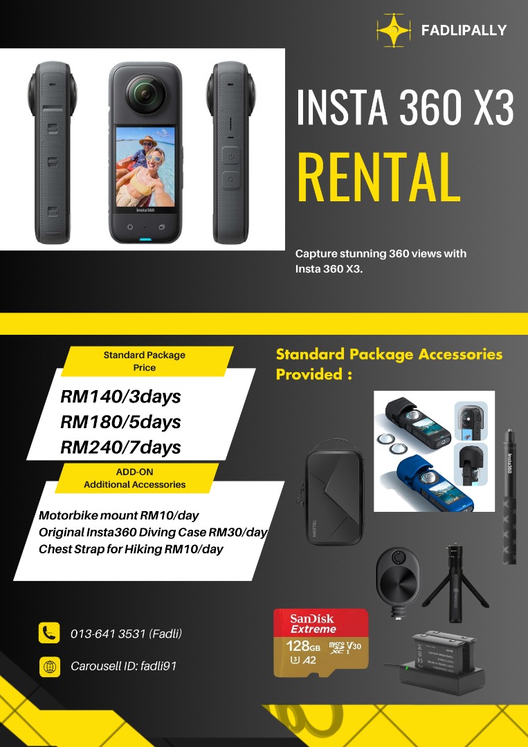 Insta 360 X3 Rent Cyberjaya, Photography, Cameras on Carousell