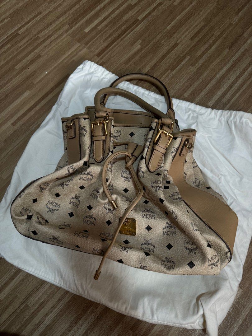 MCM Visetos Medium Drawstring Shopper Beige, Luxury, Bags