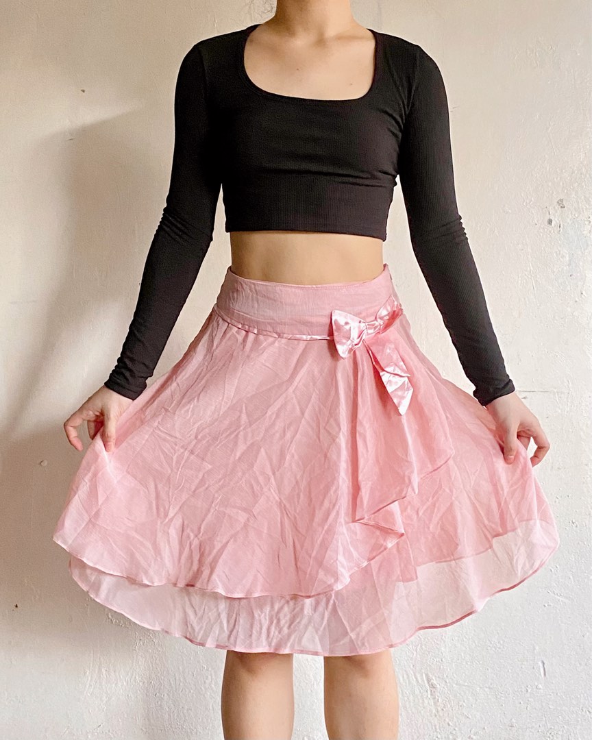 Baby Pink Pastel Coquette with bow detail design knee-length ruffled ...