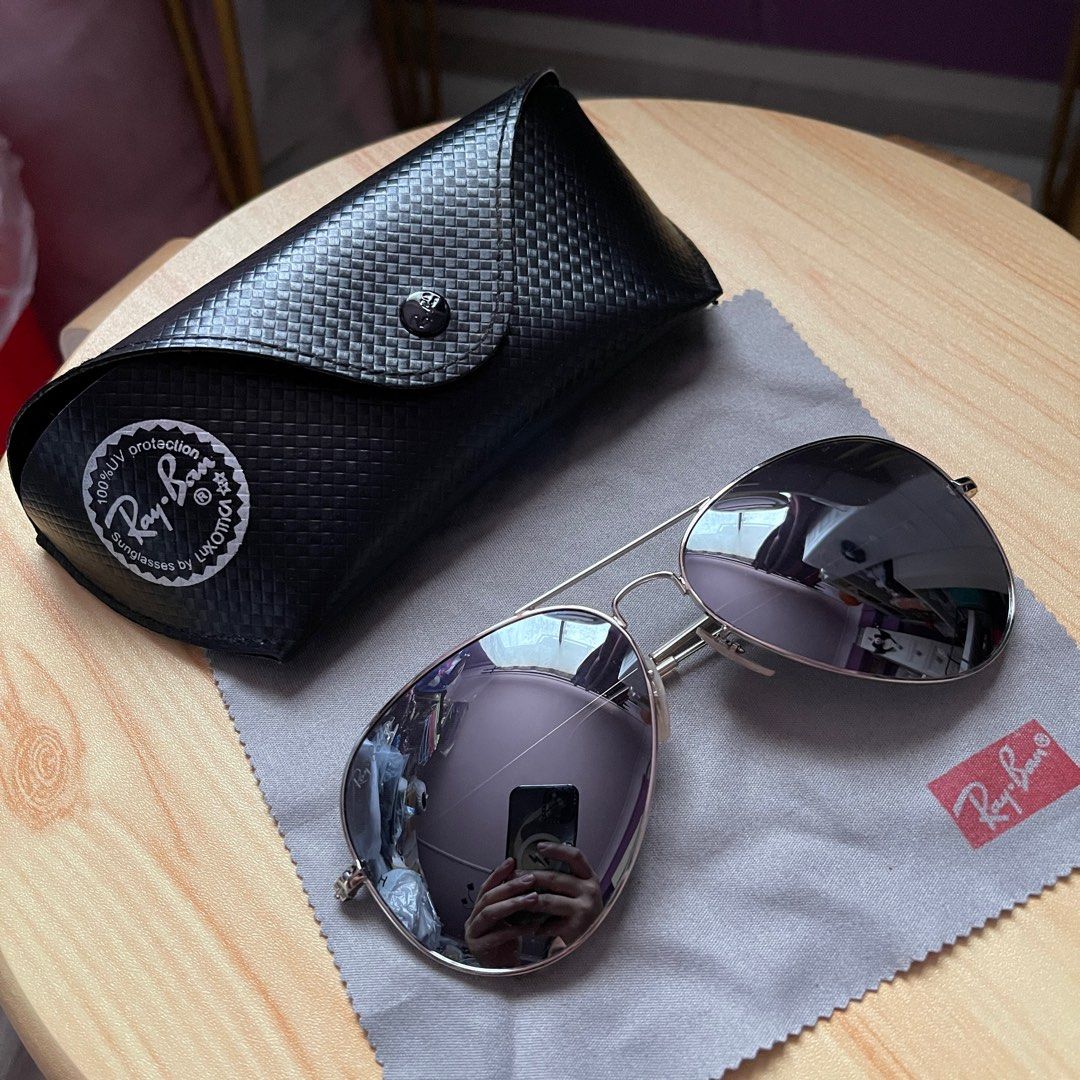 Ray Ban aviator classic vintage mirror silver reflective Polarized lens RB sunglasses shades silver metal Slash guitar biker rider harley Men s Fashion Watches Accessories Sunglasses Eyewear on Carous...