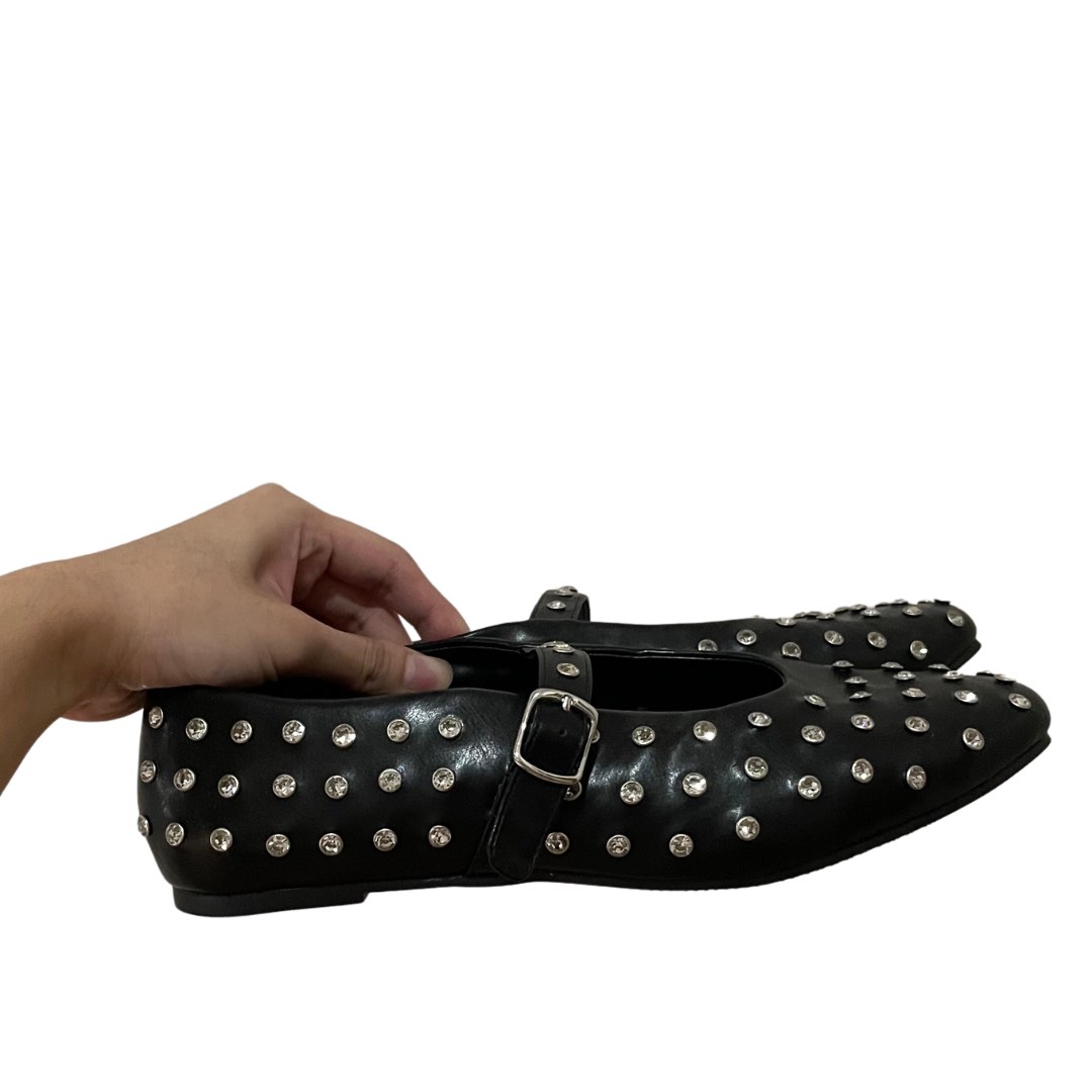 CC MARY JANES SHOES IN BLACK SATIN WITH RHINESTONES