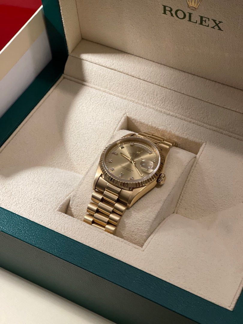Rolex Day Date President (Category: Luxury Watches) located in Pasig City. Submitted by tycoon.cars (Listing ID 1314229029, Image 2). Description: Rolex Day Date President 1996 Model Reference Number: 118238 Case Size: 36mm Diamond Hour Markers 18k Yellow Gold With Box and Receipts ☑️ BGC Meetups ₱969k.