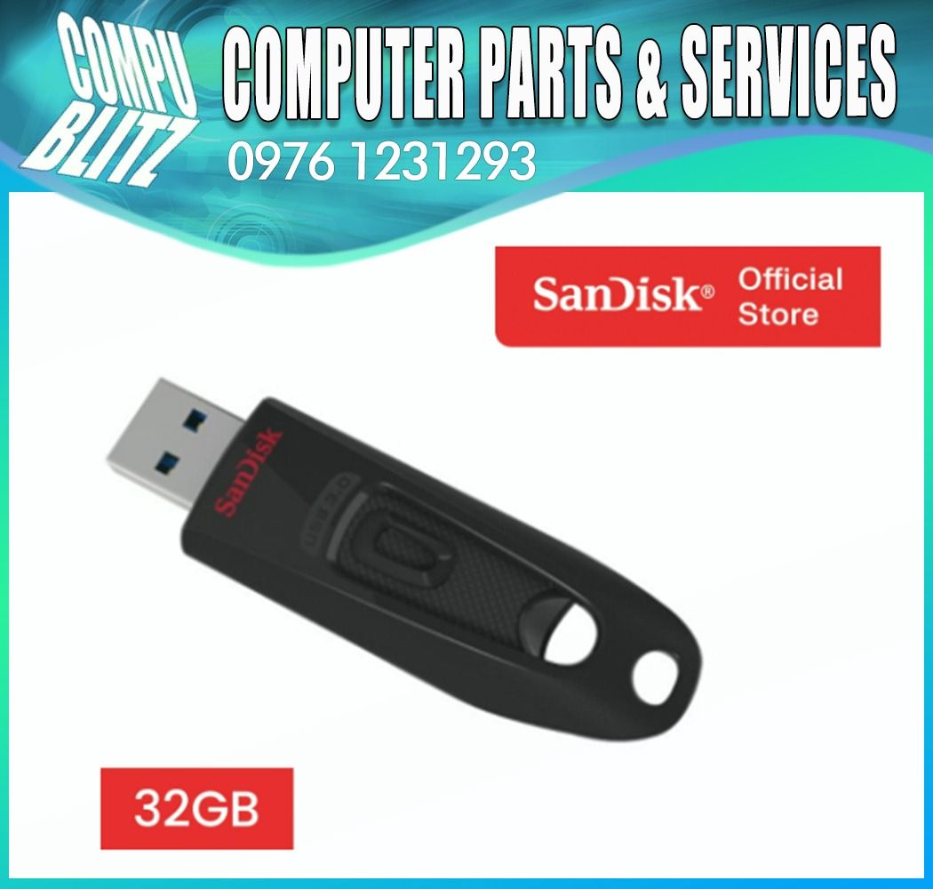 Sandisk 32GB Ultra USB 3.0 Black (Category: Computer Parts) located in Pasay City. Submitted by compublitz (Listing ID 1314221175, Image 1). Description: Sandisk 32GB Ultra USB 3.0 Black Price: 32GB 370 pesos Full Specifications Capacity: 32 GB Interface: USB 3.0 Connector: USB-A Compatibility: USB 3.0 (backwards compatible with USB 2.0) Dimensions (L x W x H): 10.67mm x 22.1mm x 7.87mm Sequential Read Performance: Up to 130MB/s Transfer A Full-L