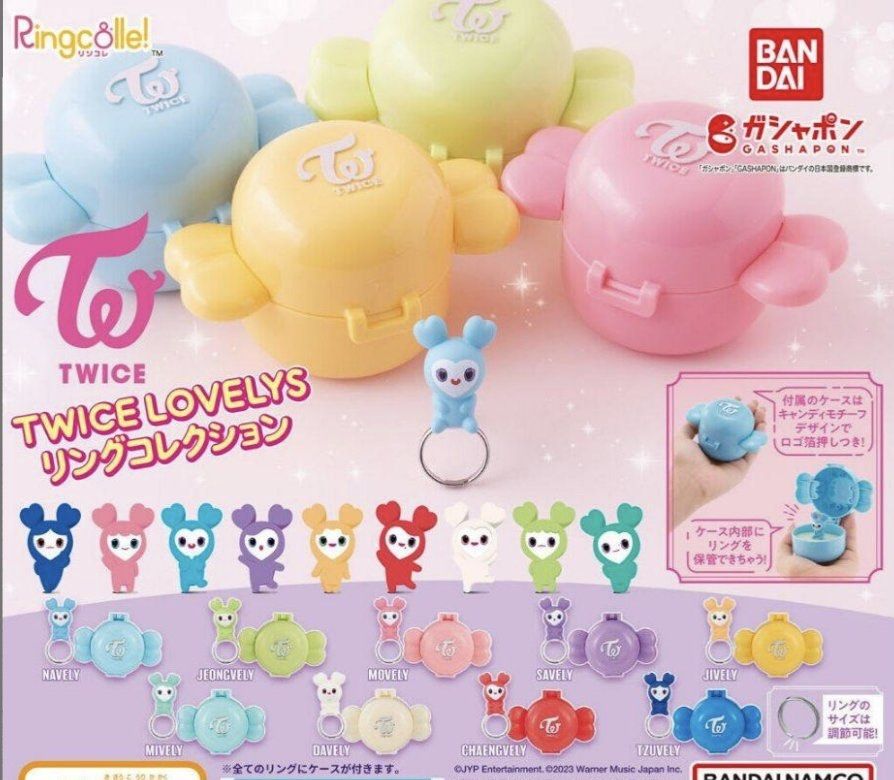 Twice Lovely Ring Gashapon v1 (Category: K-Wave Merchandise) located in Quezon City. Submitted by defkey (Listing ID 1314300119, Image 3). Description: Nayeon - SOLD Jeongyeon Momo - SOLD Sana - SOLD Jihyo - SOLD Mina - SOLD Dahyun Chaeyoung - SOLD Tzuyu All sealed.