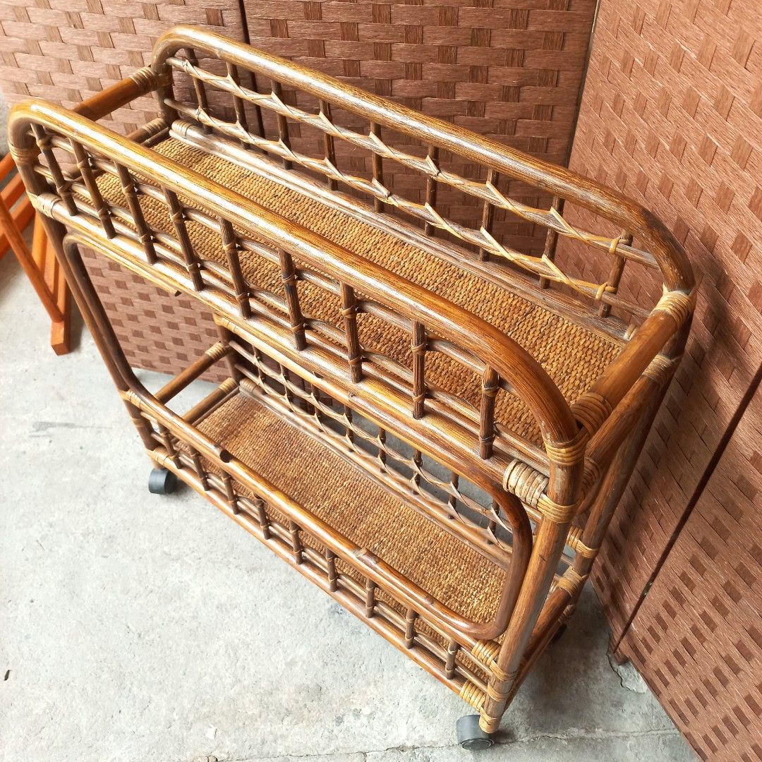 Vintage Large 2tier rattan multifunctional cart shelf plant rack boho farmhouse (Category: Other Home Furniture) located in Dasmarinas. Submitted by millennialmeetsvintage (Listing ID 1314203441, Image 3). Description: 2pcs available sold per piece H 87 x L 80 x W 25 cm sturdy and durable with 360° casters needs revarnishing fixed price 📌shipping via lalamove only 📌no reservations, first-to-pay basis 📌no physical store, no walk-ins 📌ships fro
