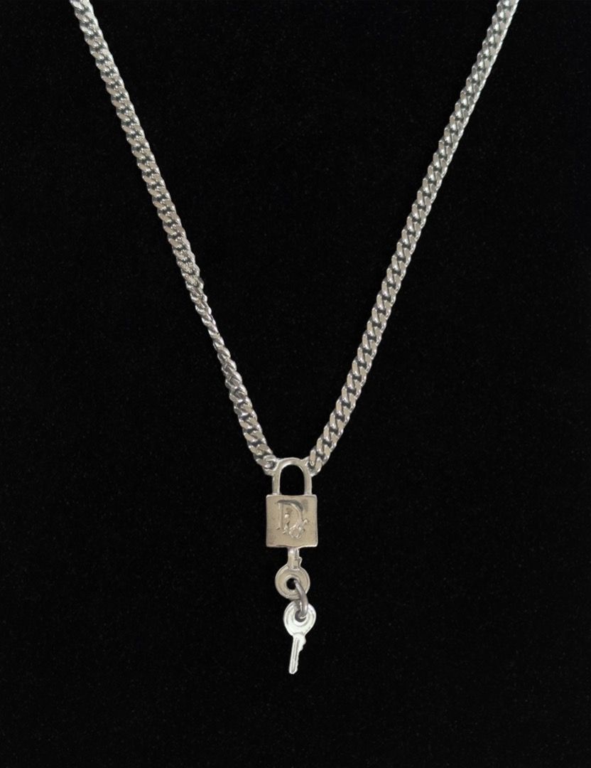 Authentic Vintage Christian Dior Cadena Lock and Key Curb Chain Silver Necklace
