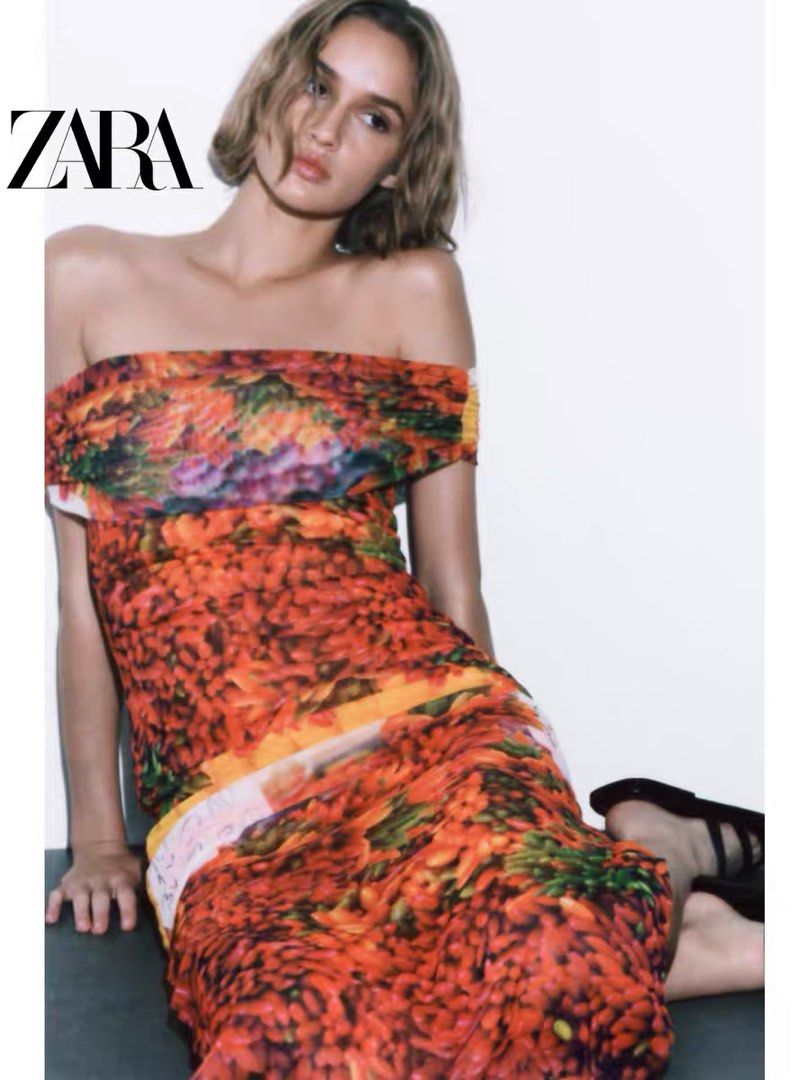 BNWOT Zara off shoulder print satin dress, Women's Fashion