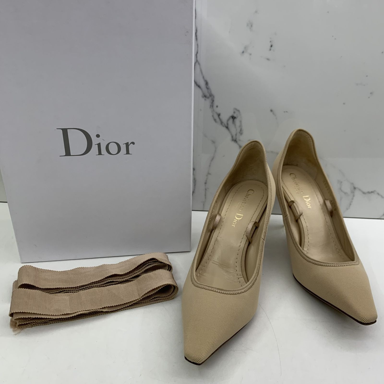 CHRISTIAN DIOR MD0119 BEIGE CANVAS SHOES 38.5 HEELS 247033564 WE