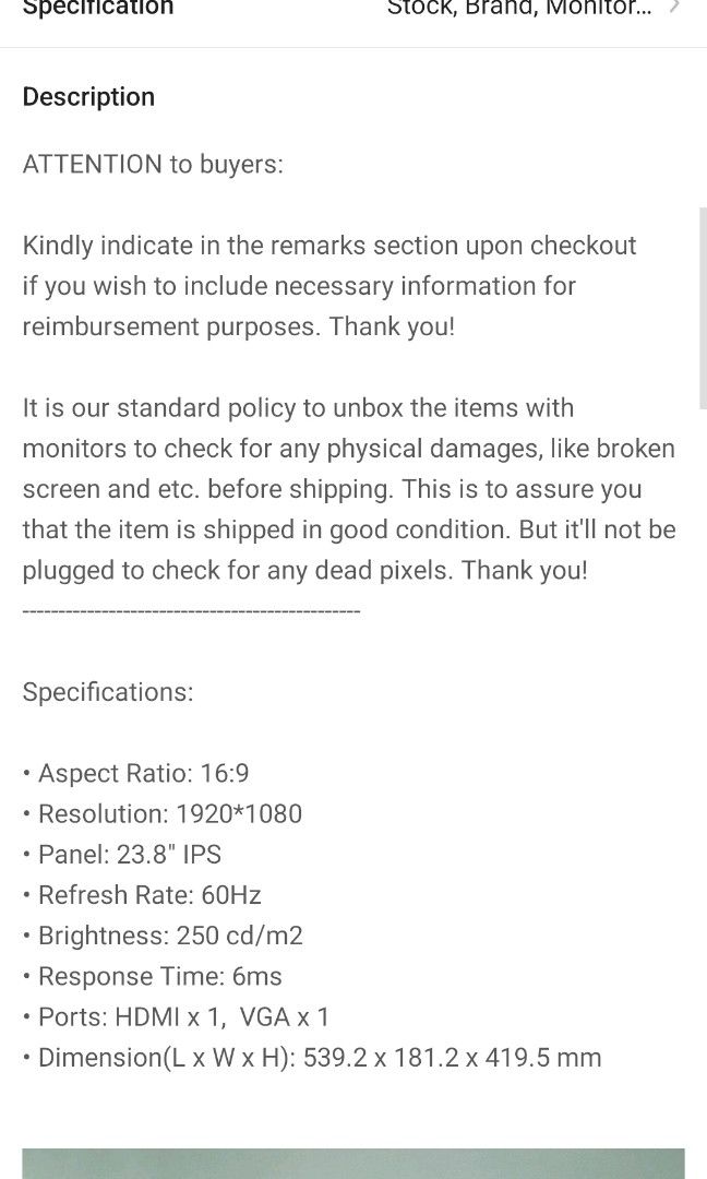 Desktop monitor (Category: Desktops) located in Quezon City. Submitted by jederonn49 (Listing ID 1314440893, Image 2). Description: Will delete once sold! 5 months used monitor, rfs: no longer needed, specs already posted with other photos..