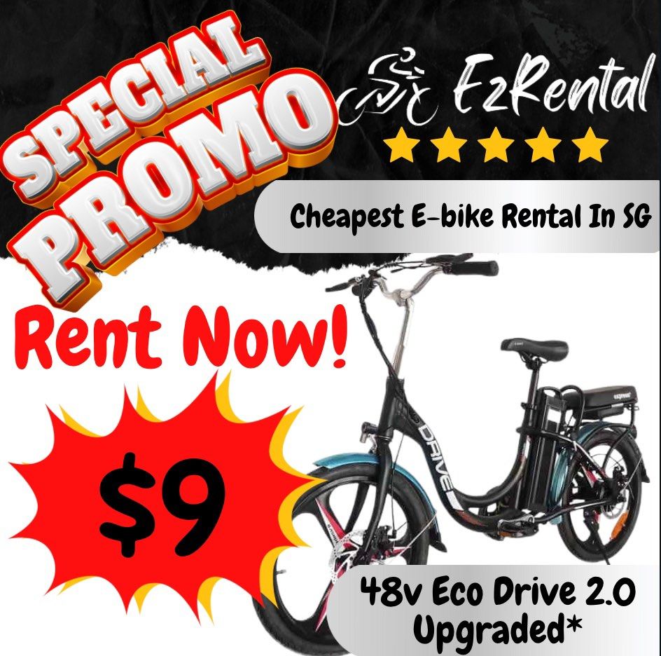 Eco Drive 2.0 Ebike Rental (Category: E-Scooters & E-Bikes) located in Singapore. Submitted by EzRental (Listing ID 1202898224, Image 2). Description: Currently, have Eco-Drive 2.0 for Rent *Able to Test Drive 😁 National Day Special Normal Rate* Eco-Drive 2.0X (Upgraded) - Minimum 1 week - Rental Rate: $7 per day - Deposit: $100 (Per Bike) Extra 10.5 Ah Battery 1 week: $5/Day 5 weeks: $4/Day 9 weeks: $3/Day *Payment will be made every week 💵 * 