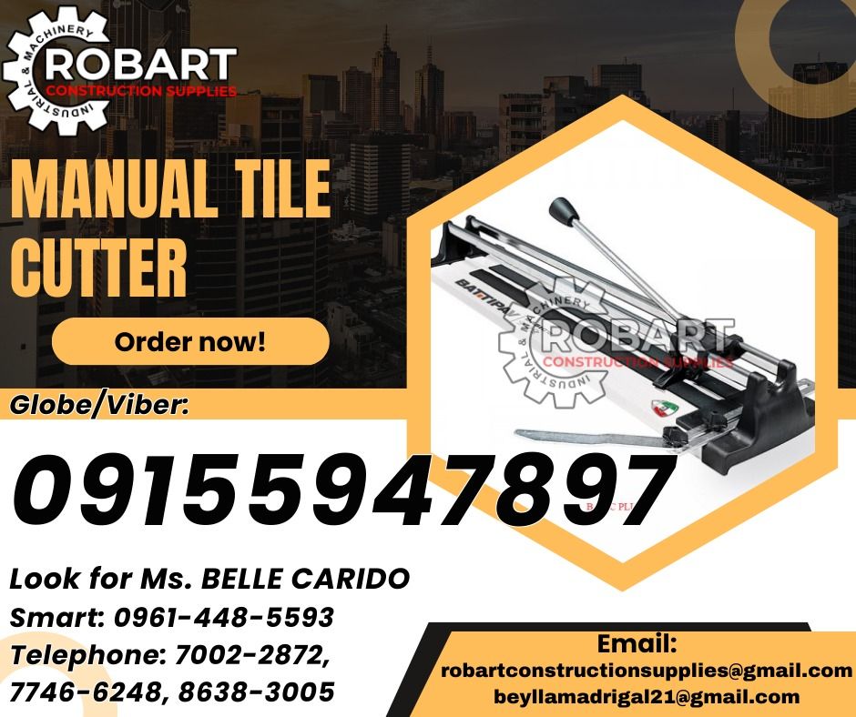 Manual Tile Cutter (Category: Construction Tools & Equipment) located in Manila. Submitted by bellarobart (Listing ID 1314424126, Image 1). Description: Manual Tile Cutter Brand: Battipav Basic Plus 40 Cap. 4 - 12mm 𝑹𝑶𝑩𝑨𝑹𝑻 𝑪𝑶𝑵𝑺𝑻𝑹𝑼𝑪𝑻𝑰𝑶𝑵 𝑺𝑼𝑷𝑷𝑳𝑰𝑬𝑺 Office Address: 1405 Yuseco St. Sta Cruz Manila SEND US MESSAGE FOR INQUIRIES ‼️ ‼️ Glb/Vibr: 0915-594-7897 Smrt: 0961-448-5593 Landline: (7746-6248 / 7002-2872) 𝓛𝓞𝓞𝓚 𝓕𝓞𝓡 �