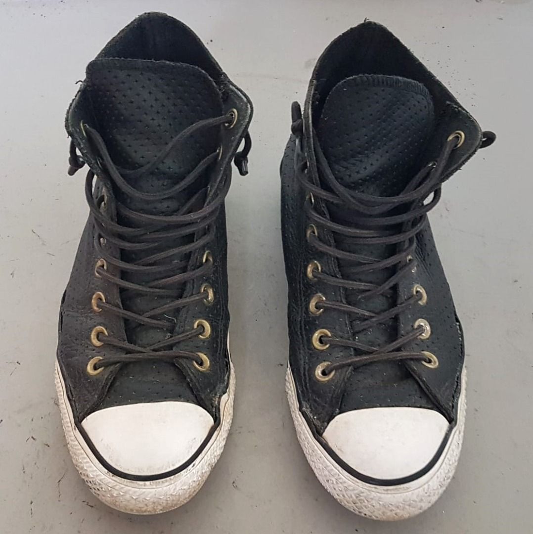 Original Converse Designer Sneakers Black Full Grain Leather Model US 8 UK 7 EU 41 Signature Look Chuck Taylor All Star Shoes High Cut