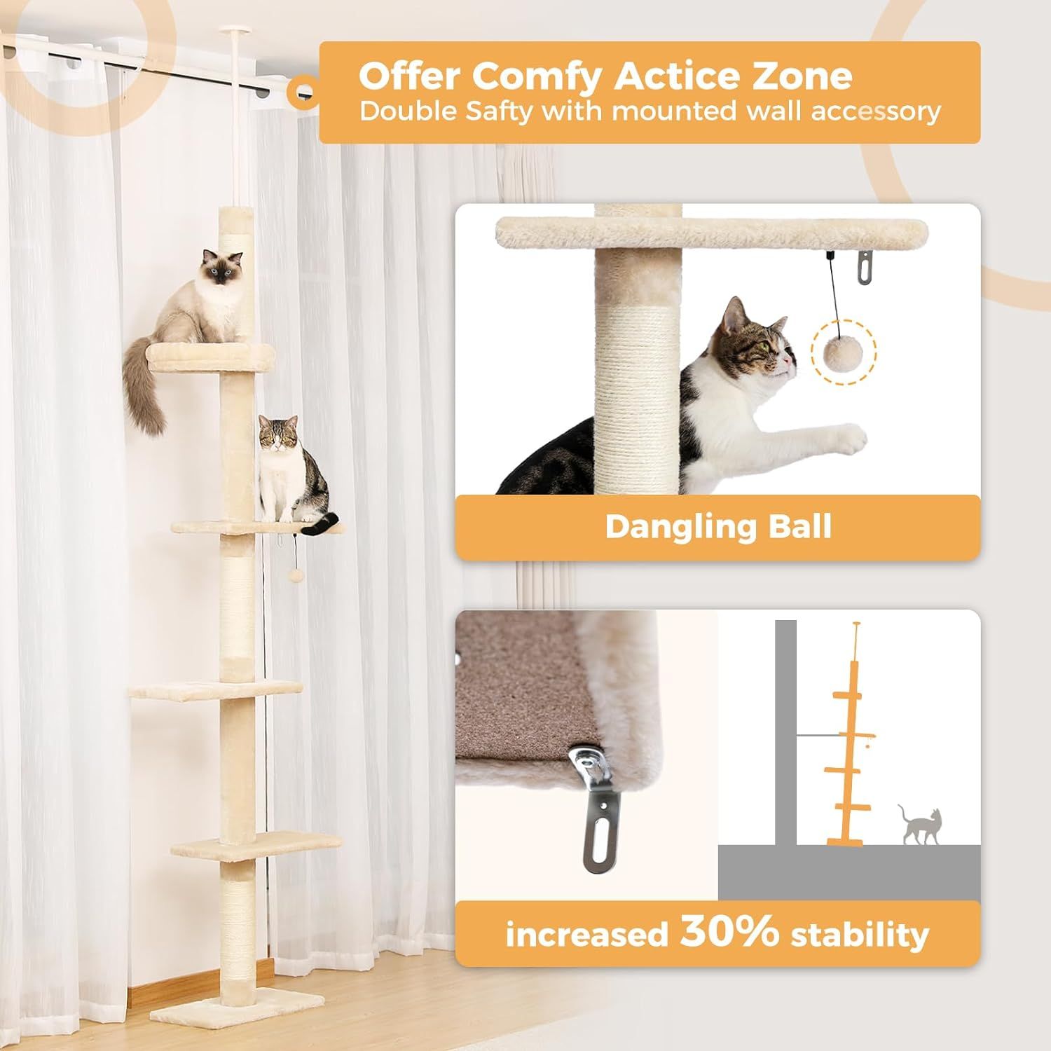 PETEPELA Cat Tower 5 Tier Floor to Ceiling Cat Tree Height 95 107 Inches Adjustable Tall Climbing Tree Featuring with Scratching Post Cozy Bed Interactive Ball Toy for Indoor Cats Kitten Beige 95 107 ...