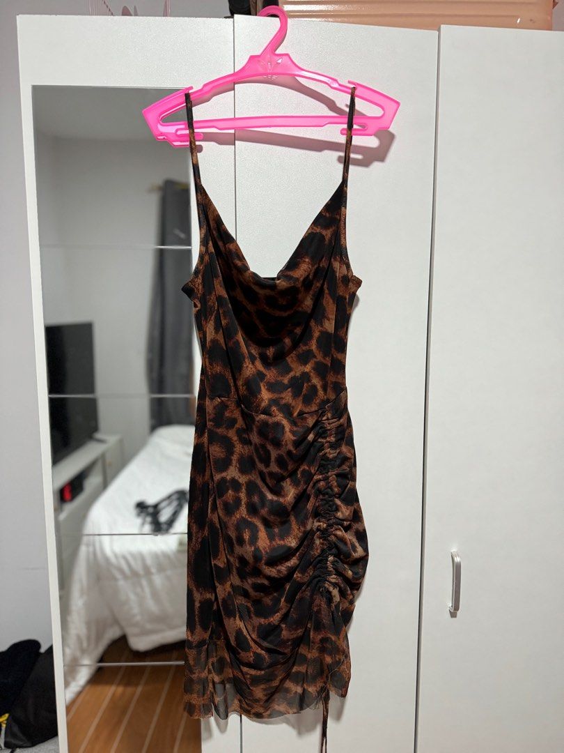 Pretty Little Thing Brown Mesh Leopard Print Ruched Dress, Women's Fashion,  Dresses & Sets, Dresses on Carousell
