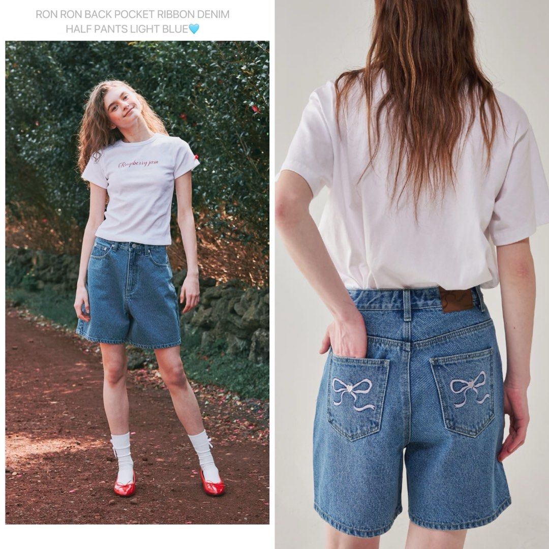 🇰🇷RON RON BACK POCKET RIBBON DENIM HALF PANTS LIGHT BLUE