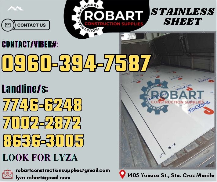 Stainless Sheet 202 Mirror Finish (Category: Construction Tools & Equipment) located in Manila. Submitted by lyzarobart1999 (Listing ID 1314428831, Image 1). Description: Stainless Sheet 202 Mirror Finish Size: 1.2mm 4' x 8' 𝑹𝑶𝑩𝑨𝑹𝑻 𝑪𝑶𝑵𝑺𝑻𝑹𝑼𝑪𝑻𝑰𝑶𝑵 𝑺𝑼𝑷𝑷𝑳𝑰𝑬𝑺 𝒪𝒻𝒻𝒾𝒸𝑒 𝒜𝒹𝒹𝓇𝑒𝓈𝓈: 𝟣𝟦𝟢𝟧 𝒴𝓊𝓈𝑒𝒸𝑜 𝒮𝓉. 𝒮𝓉𝒶 𝒞𝓇𝓊𝓏 𝑀𝒶𝓃𝒾𝓁𝒶 ꜱᴇɴᴅ ᴜꜱ ᴍᴇꜱꜱᴀɢᴇ ꜰᴏʀ ɪɴQᴜɪʀɪᴇꜱ ‼️ ‼️ ꜱᴍʀᴛ - (0960-394-7587) ᴠɪʙʀ - (0960-394-7587) ʟᴀ