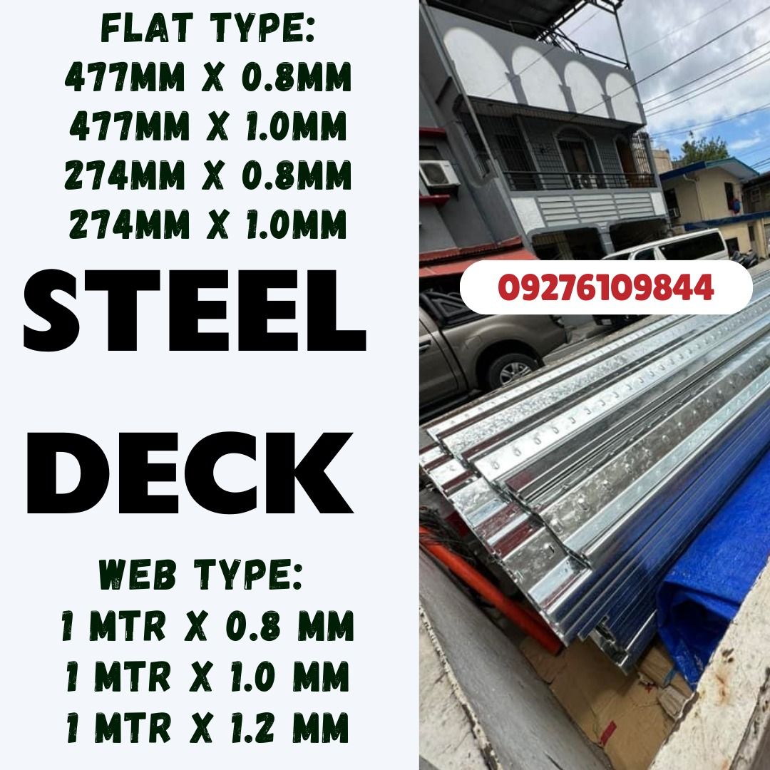 STEEL DECK FLAT TYPE AND WEBTYPE WE ALSO SUPPLY ROOFING MATERIALS (Category: Home Improvement Tools & Accessories) located in Manila. Submitted by cunananhon07408 (Listing ID 1314428476, Image 1). Description: For inquiries you may contact us at : PRESYONG PLANTA👍👍 🏠 LONG SPAN RIBTYPE 🏠 TILE SPAN 🏠 CORRUGATED 🏠 STEELDECK WEBTYPE 🏠 STEELDECK FLAT TYPE 🏠 HI RIB & MULTI RIB 🏠 CLADDING 🏠 SPANDREL 1-2 DAYS PROCESS ONLY PARA SA MGA NAG MAMADA