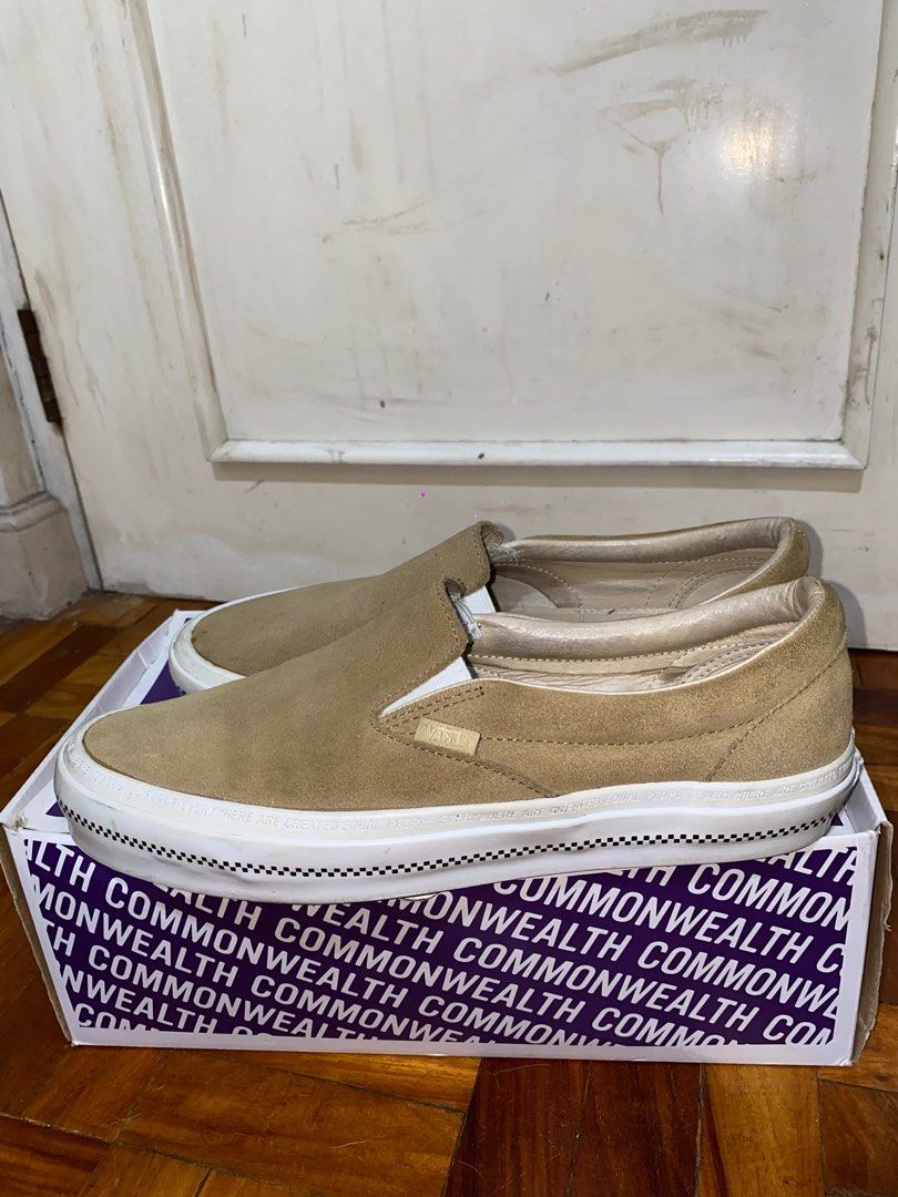 Vans x Commonwealth Suede Slip Ons (Category: Sneakers) located in Pasig City. Submitted by karlo21 (Listing ID 1314483322, Image 1). Description: Vans x Commonwealth Collab Size 10.5 M 9/10 condition.