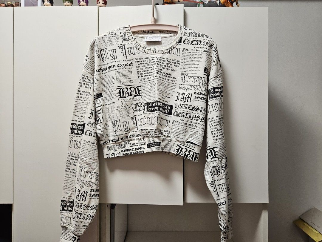 Bershka Crop Long Sleeves Newspaper Print Sweater Women s Fashion Tops Longsleeves on Carousell