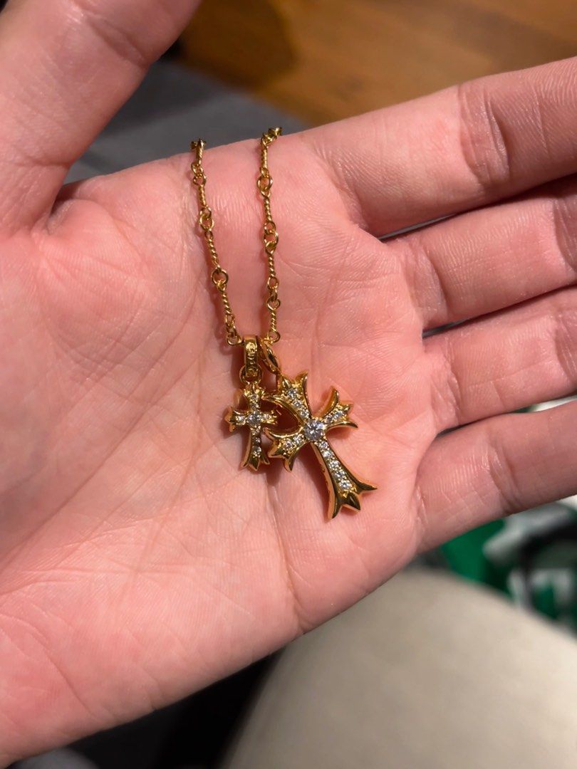 Chrome Hearts 22k Gold Necklace and cross pendants with diamonds