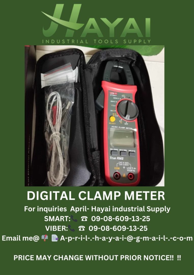 Digital clamp meter (Category: Construction Tools & Equipment) located in Caloocan City. Submitted by aprilv96843328 (Listing ID 1314577068, Image 1). Description: Digital clamp meter Specs: UT204 600A 600V PRICE: 6,900 For inquiries April- Hayai industrial Supply 📞 ☎ 0-9-0-8-6-0-9-1-3-2-5 Email me@ 📫 📑 A-p-r-i-l-.-h-a-y-a-i-@-g-m-a-i-l-.-c-o-m PRICE MAY CHANGE WITHOUT PRIOR NOTICE!!! .