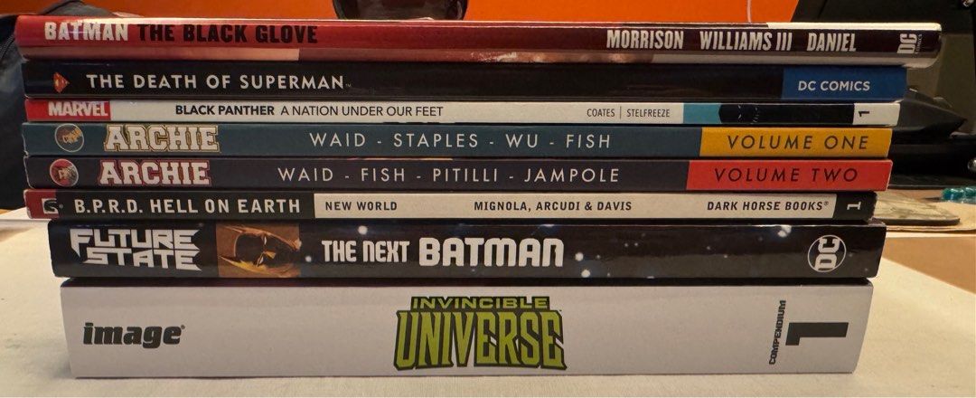 Graphic Novels for Sale (Category: Comics & Manga) located in Taguig. Submitted by eshoppe8587 (Listing ID 1314646660, Image 1). Description: Graphic Novels For Sale! BPRD - 150 Death of Superman - SOLD Black Panther - 200 Archie Vol 1 - 250 Archie Vol 2 - 250 Batman Black Glove - 300 The Next Batman - SOLD Invincible Universe - 800 RFS: Clearing space.