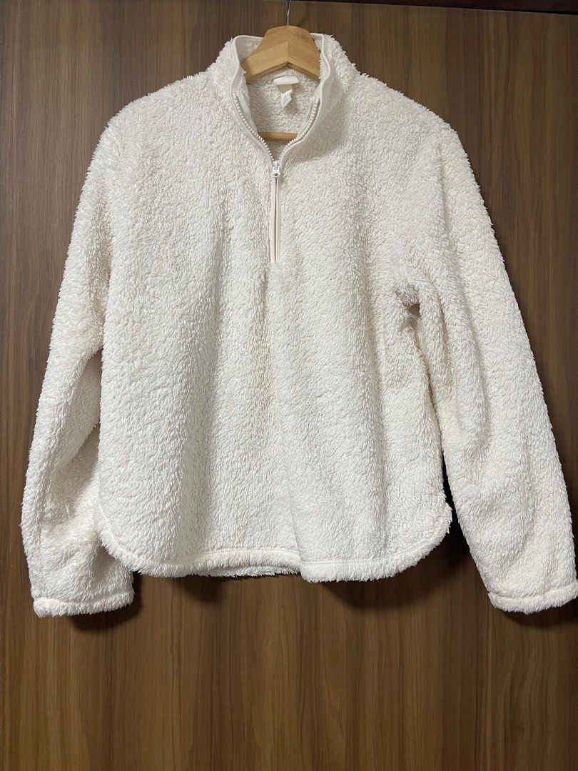 H M cream furry winter fur style zip sweater