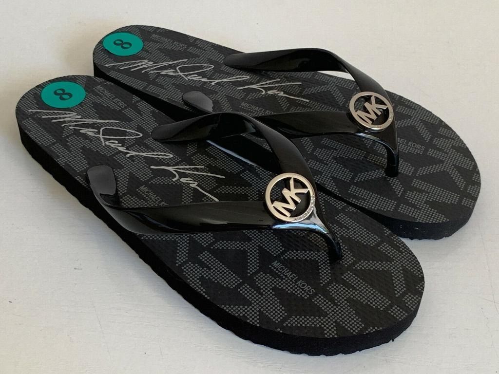MICHAEL KORS MK CHARCOAL BLACK GRAY SLIPPERS FLIP FLOPS SANDALS 8 38 SALE Women s Fashion Footwear Slippers and slides on Carousell