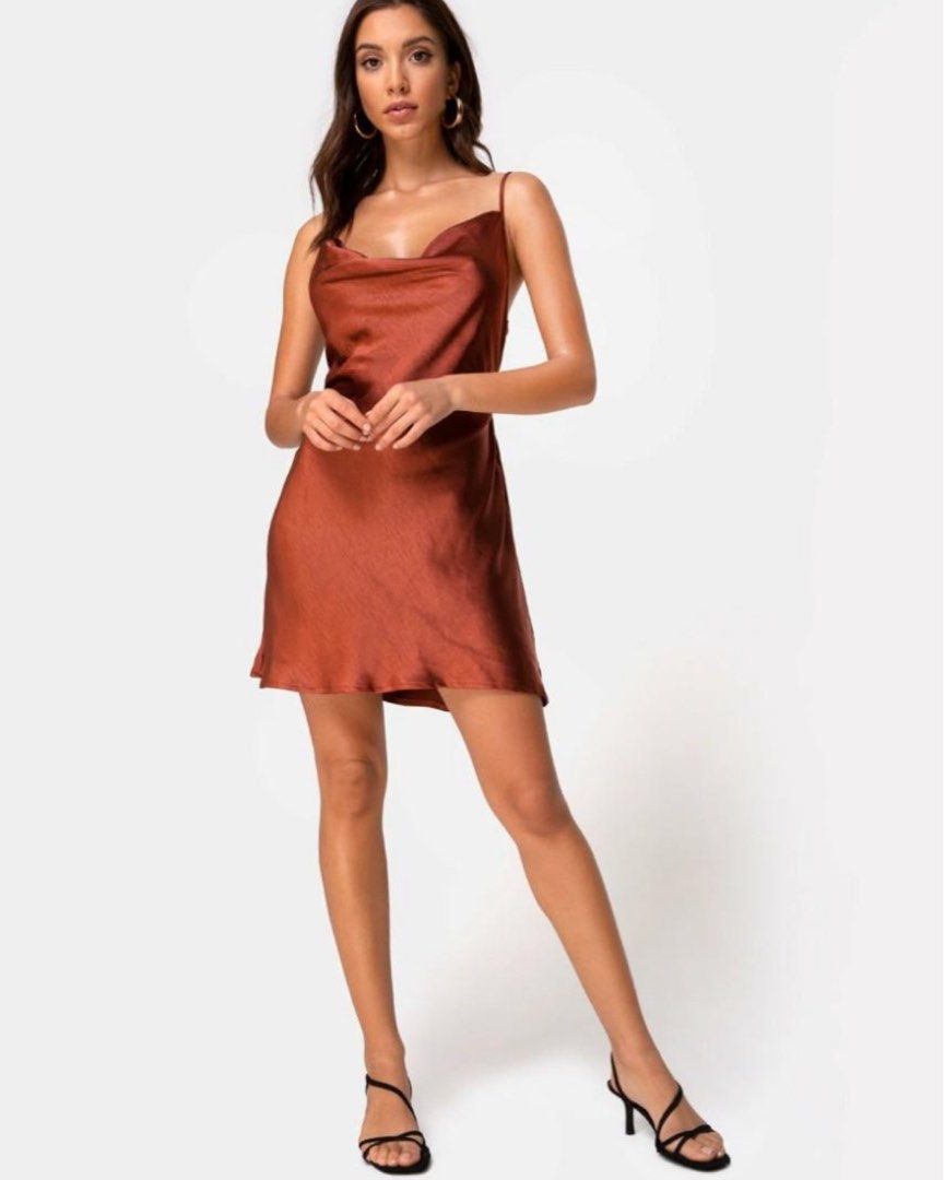 Motelrocks Paiva Satin Slip Dress in Dark Rust, Women's Fashion