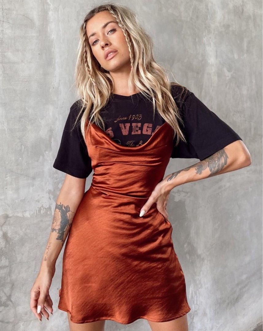 Motelrocks Paiva Satin Slip Dress in Dark Rust Women s Fashion Dresses Sets Dresses on Carousell