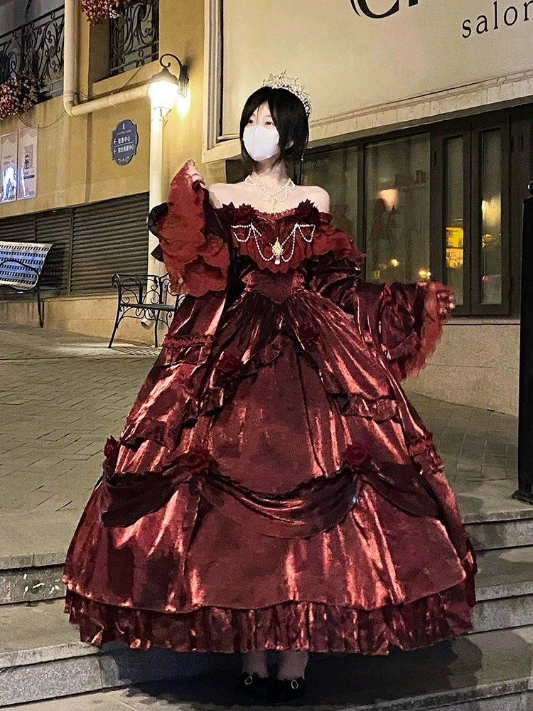 PO deep wine red velvet vampire core dress, Lolita style floral