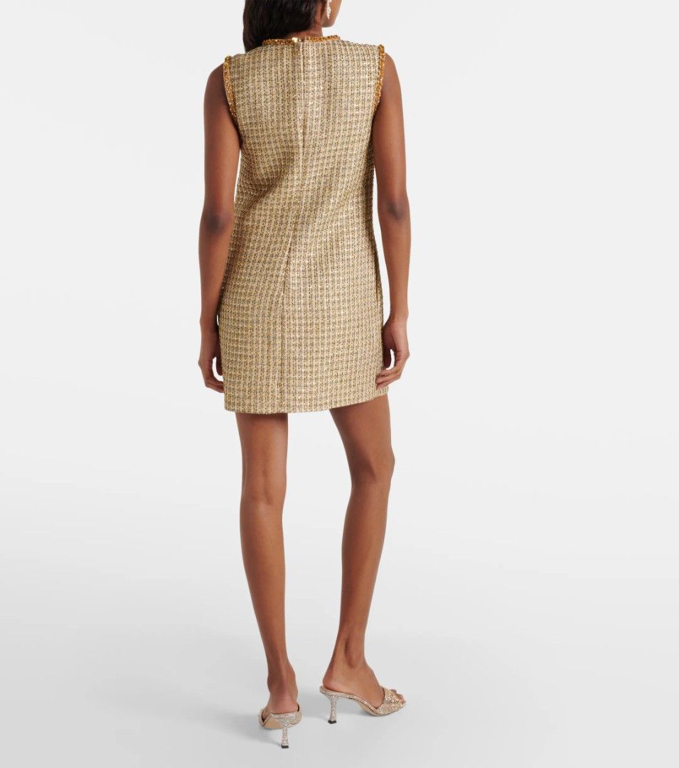 self portrait gold tweed dress Navy Metallic Structured Boucle Midi Dress