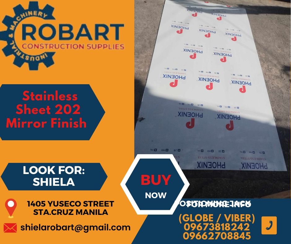 Stainless Sheet 202 Mirror Finish (Category: Construction Tools & Equipment) located in Caloocan City. Submitted by shielaroba44709 (Listing ID 1314577114, Image 1). Description: Stainless Sheet 202 Mirror Finish 1mm thck x 4 ft x 8 ft 1 sheet 𝑹𝑶𝑩𝑨𝑹𝑻 𝑪𝑶𝑵𝑺𝑻𝑹𝑼𝑪𝑻𝑰𝑶𝑵 𝑺𝑼𝑷𝑷𝑳𝑰𝑬𝑺 Office Address: 1405 Yuseco St. Sta Cruz Manila SEND US MESSAGE FOR INQUIRIES ‼️ ‼️ Call: 09673818242 / 09662708845 Vibr - (09673818242) Landline: (𝟩�