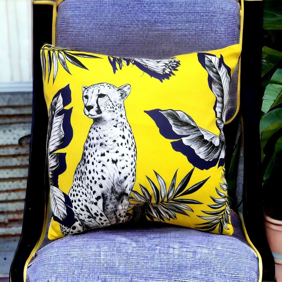 TAXI CHEETAH CUSHION Peacock Blue Yellow Jean Perry Insert Cover Decorative Pillow Case Tropical Animal Leopard Sofa Bed Frame Furniture Home Living Home Decor Cushions Throws on Carousell