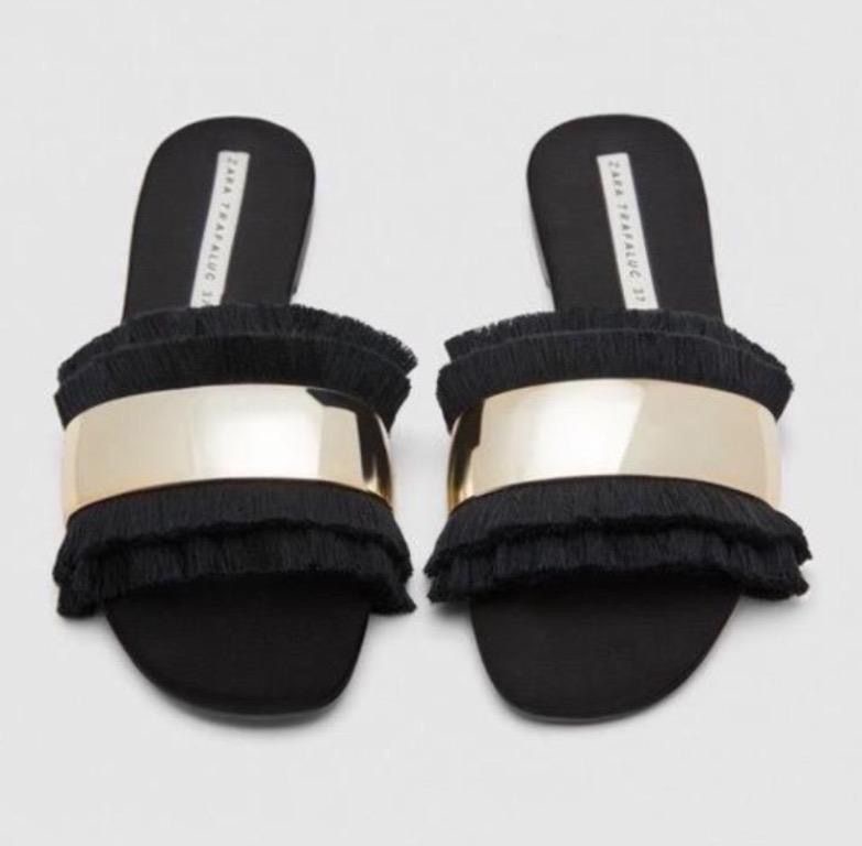ZARA BLACK GOLD FRINGE FLAT SANDALS Women s Fashion Footwear Flipflops and Slides on Carousell