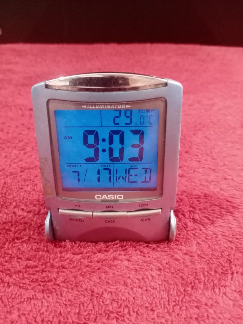 CASIO digital travel clock (Category: Clocks) located in Tabaco. Submitted by fritznicoleshoppe (Listing ID 1314756751, Image 3). Description: CASIO digital travel clock. With alarm, calendar, illuminator, and temperature. Works on one(1) AAA battery (not included).