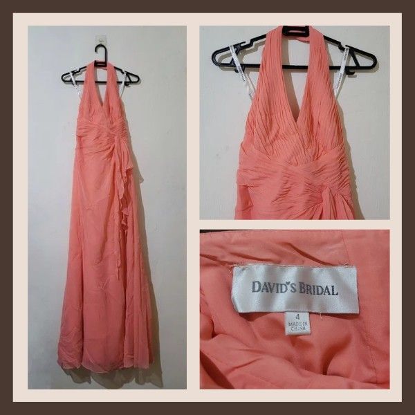 David s Bridal Coral Reef pink Halter Neck Long Gown Women s Fashion Dresses Sets Evening dresses gowns on Carousell