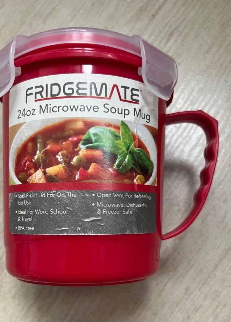 FRIDGEMATE 24oz Microwave Soup Mug (Category: Cookware & Accessories) located in Quezon City. Submitted by mumsy1925 (Listing ID 1314835264, Image 3). Description: Used twice only Sticker looks like this because I wanted to remove it .But it didn't end up doing so. RFS: Decluttering.