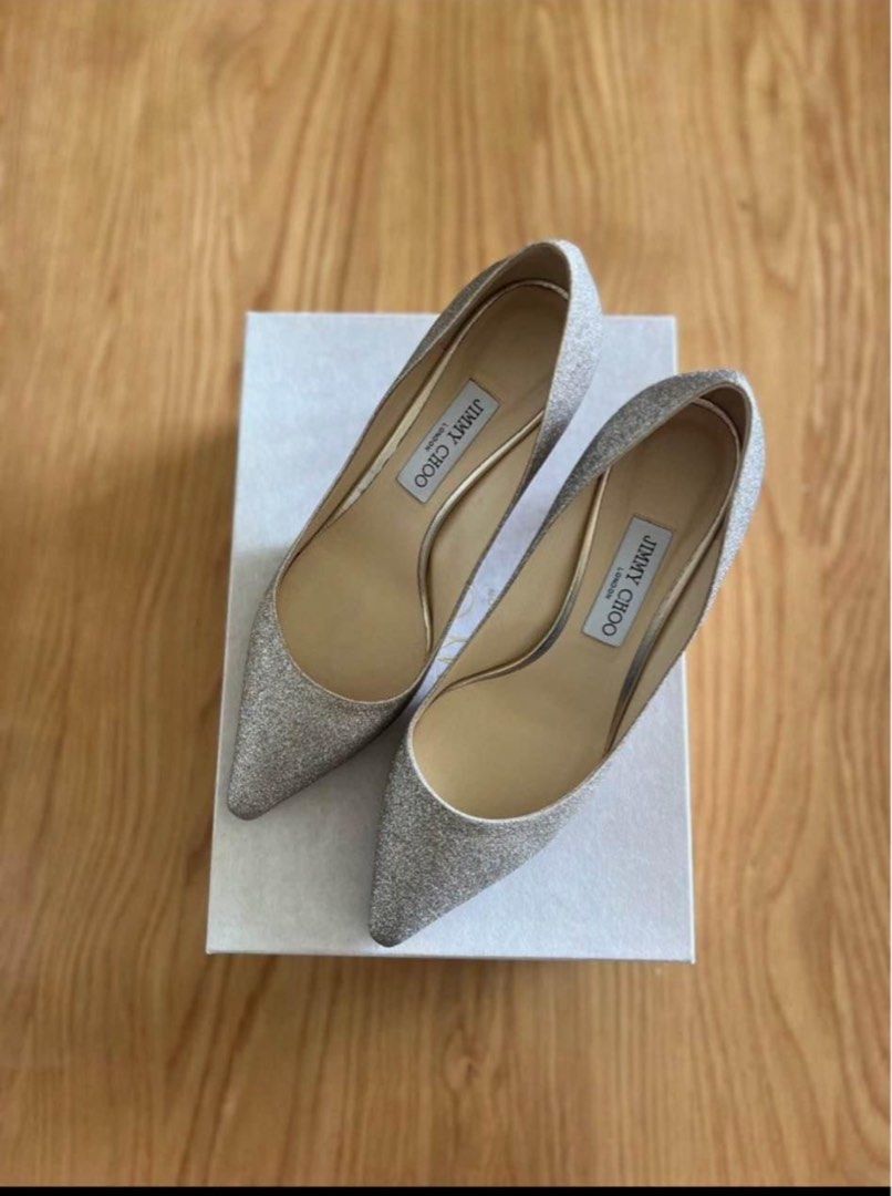 Jimmy Choo Romy 60 Platinum Ice Dusty Glitter Pointy Toe Pumps EU 40 UK7 US AU9