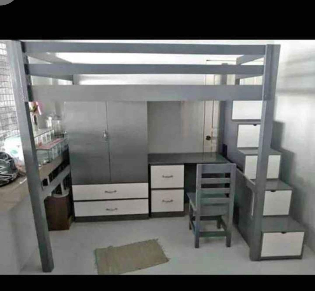 Loft bed with table chair and cabinet (Category: Bed Frames & Mattresses) located in Manila. Submitted by jovetph. (Listing ID 1314801919, Image 2). Description: LOFT BED single Pinewood at plywood MADE TO ORDER ✔101℅ Quality ✔Good For space savings ✔Open for Cuztomized in design/size❤ All sizes are available ✓accepted/Chair/table/kitchen cabinet are ❤ Free delivery at assemble Laguna cavite las pinas paranague other area additional fee service -