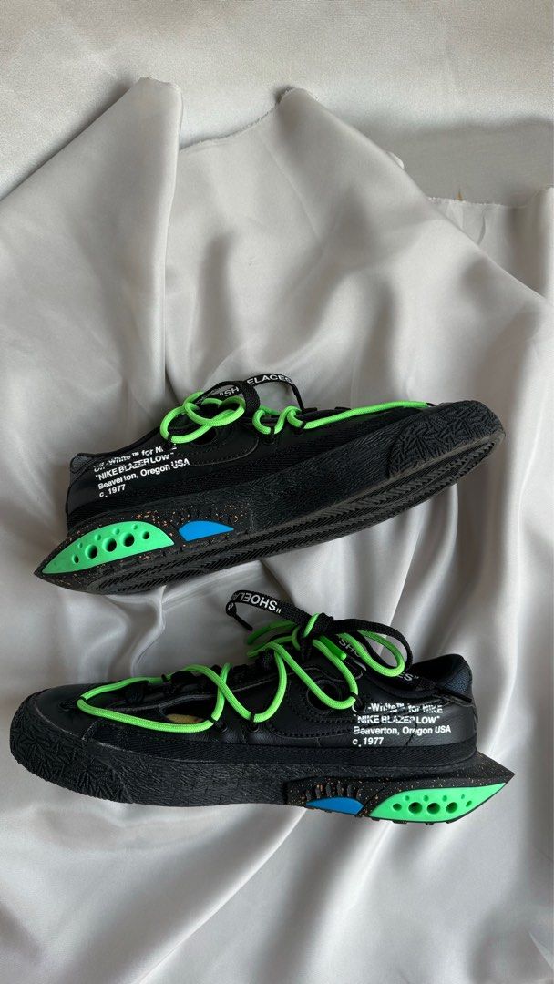 OFF WHITE X NIKE BLAZER LOW BLACK ELECTRO GREEN, Fesyen Wanita
