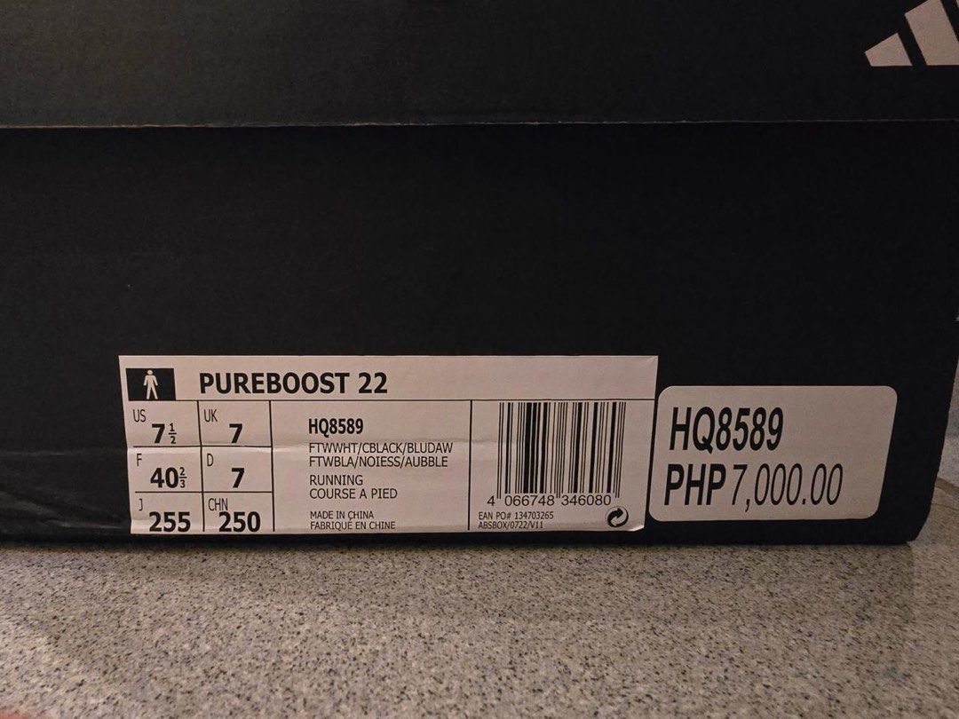 Adidas Pureboost 22 HQ8589 (US 7.5) (Category: Sneakers) located in Manila. Submitted by cinnamon5 (Listing ID 1314985901, Image 3). Description: Adidas Pureboost 22 HQ8589 (US 7.5) - Brand New Never Worn for ₱4,950 (Retail Price: ₱7,000 | L@zada:₱6,800) Never worn! Selling this brand new pair of Adidas Pureboost 22 (HQ8589) in size US 7.5. I received these as a gift but unfortunately, the size is wrong. Get them for much cheaper than retail pric