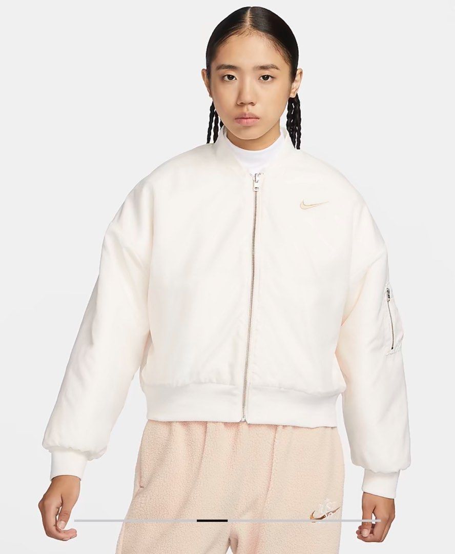 BNWT Nike reversible faux fur bomber jacket white cream Women s Fashion Coats Jackets and Outerwear on Carousell